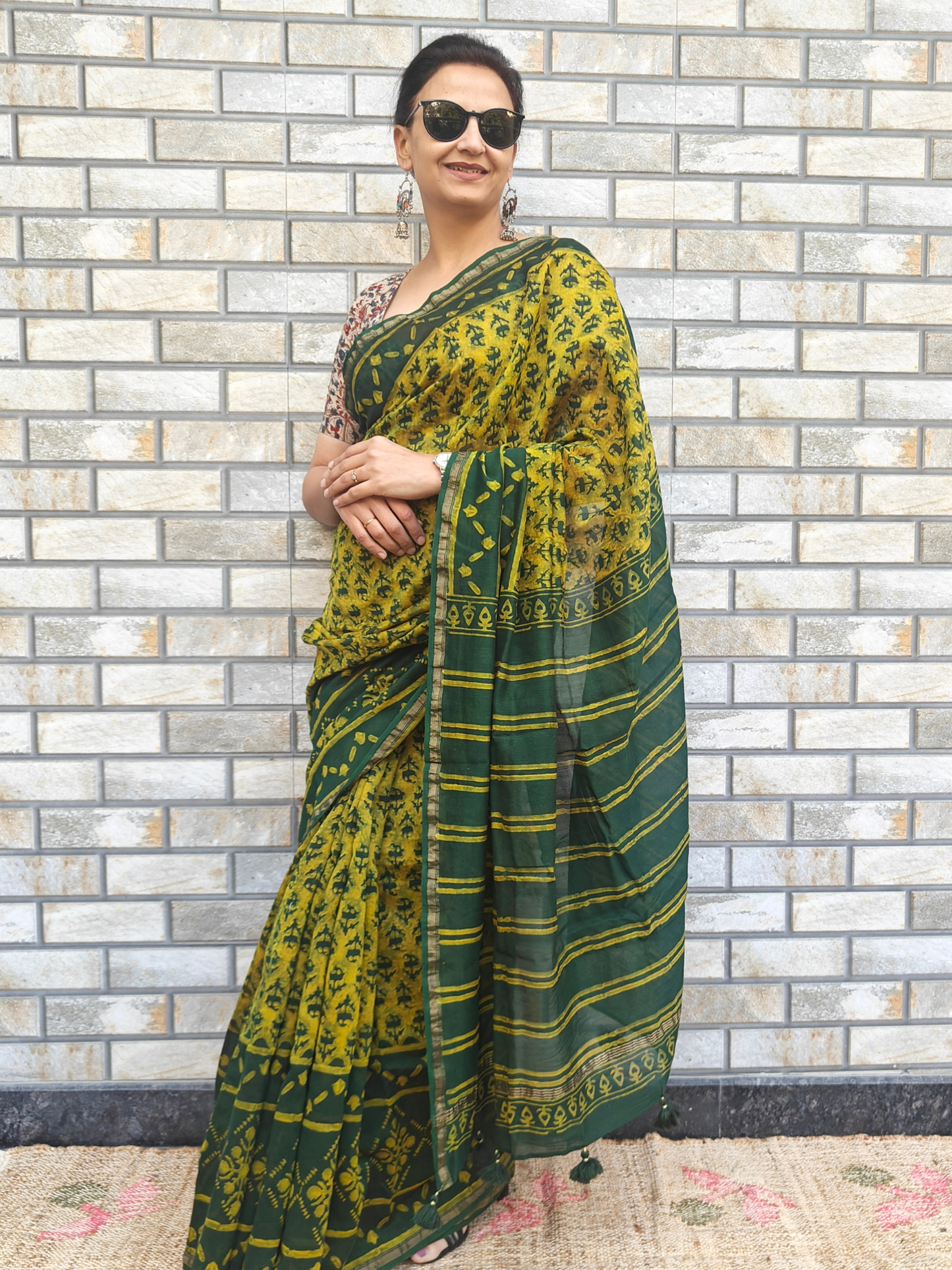 Green-Yellow Dabu Handblock Print Chanderi Saree