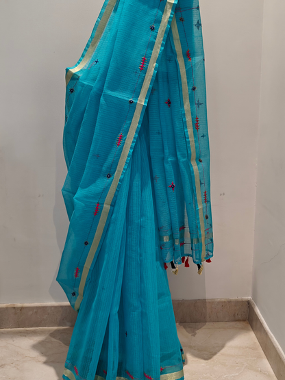 Blue Kota Cotton Hand Embroidered Saree