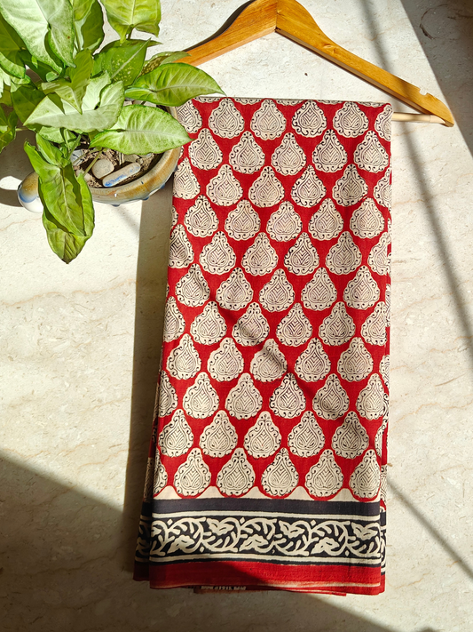 Maroon Bagru Handblock Printed Mull Cotton Saree
