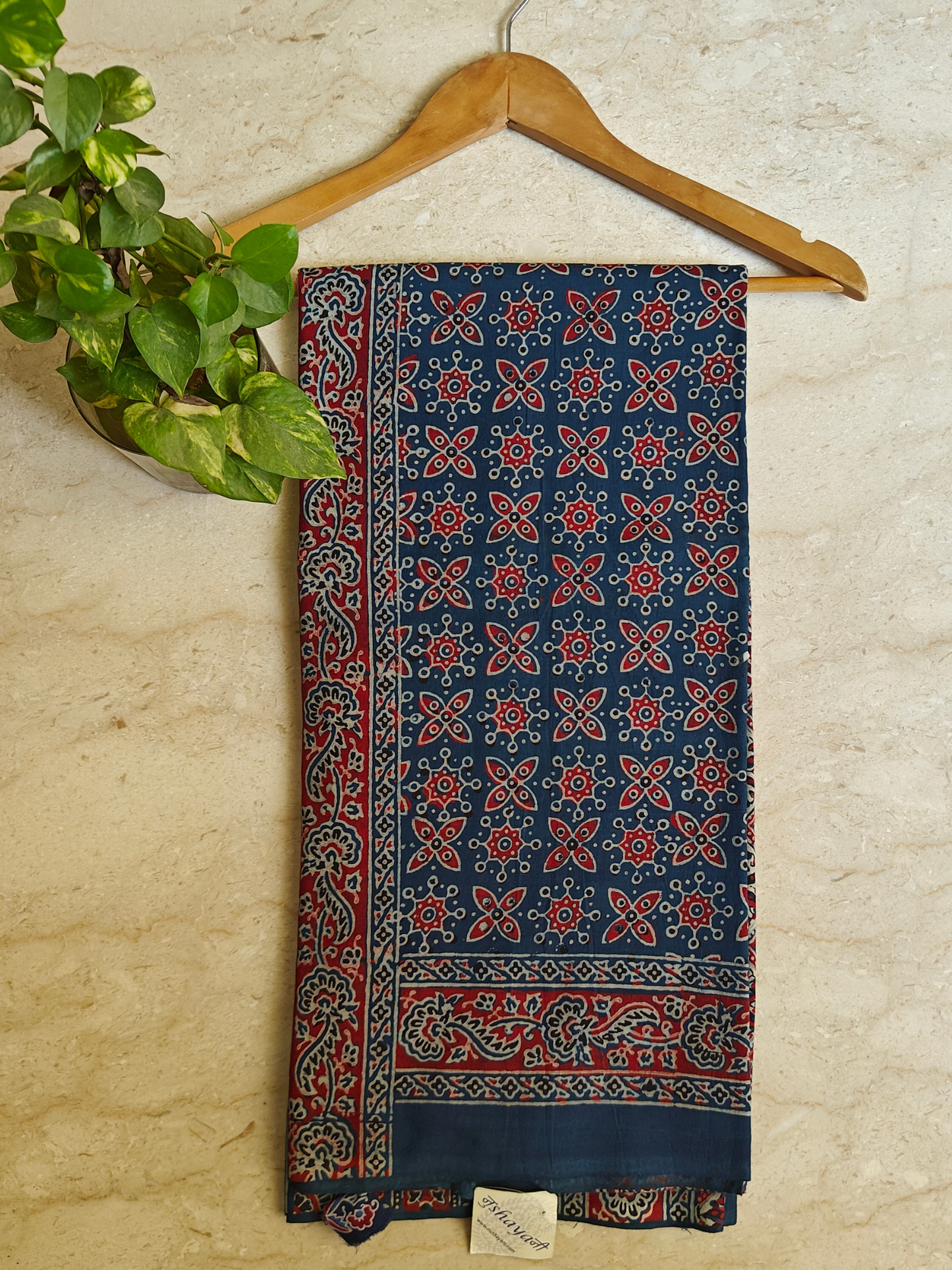 Indigo Ajrakh Handblock Printed Mull Cotton Saree