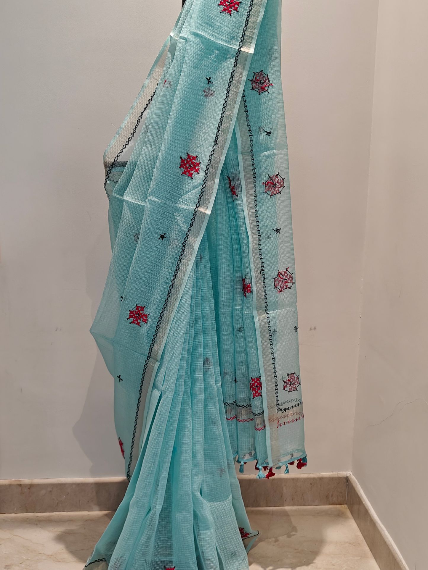 Aqua Blue Kota Hand Embroidered Saree