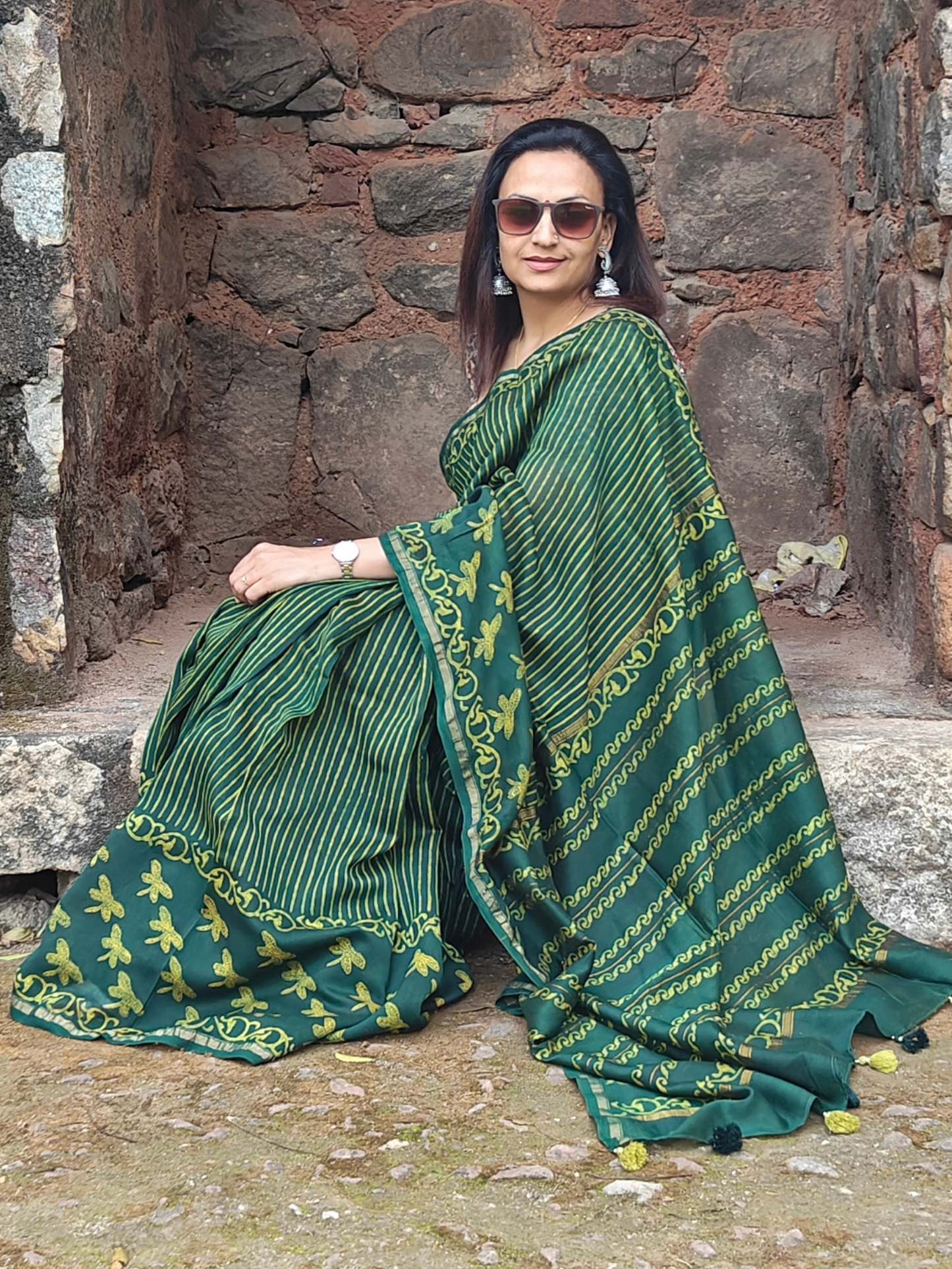 Green-Yellow Dabu Handblock Print Chanderi Saree