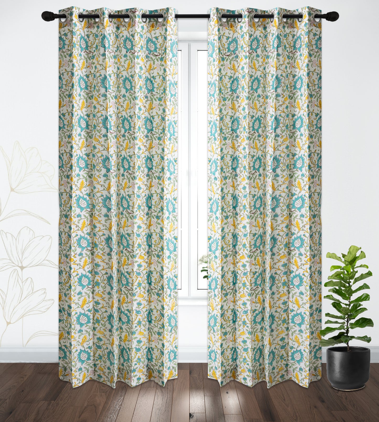 Yellow and Seagreen Jaal Cotton Handblock Curtain (Pair of 2 Curtains)