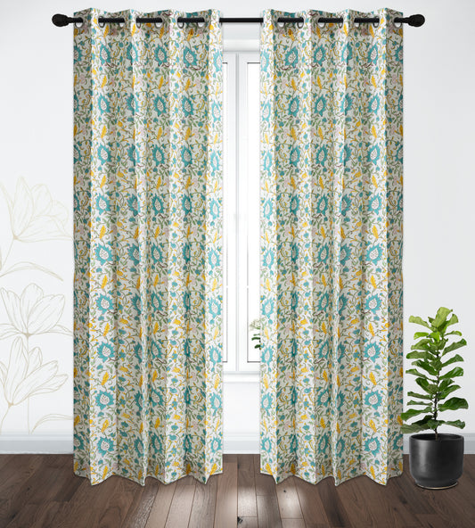 Yellow and Seagreen Jaal Cotton Handblock Curtain (Pair of 2 Curtains)