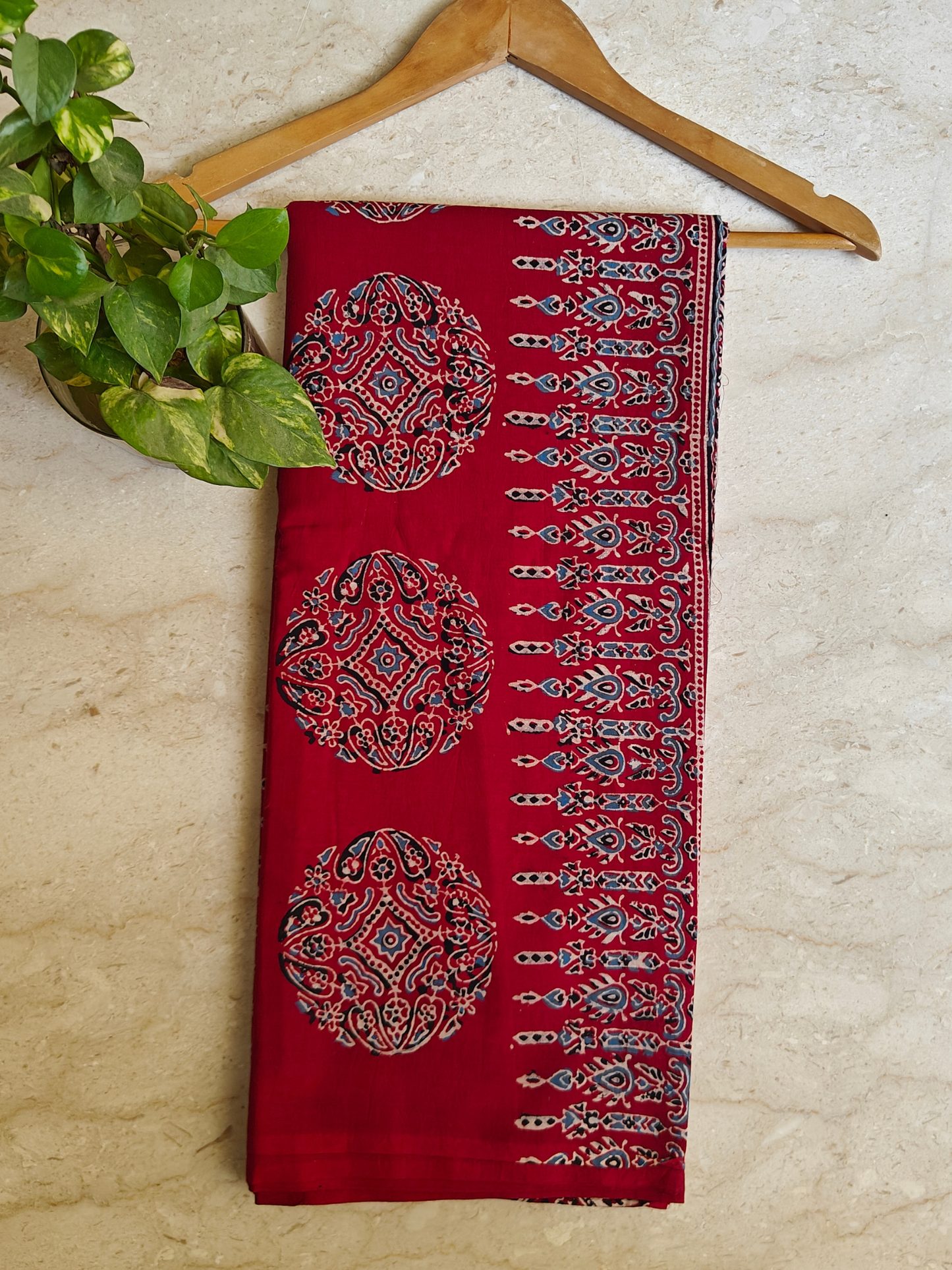 Red Ajrakh Handblock Printed Mull Cotton Saree