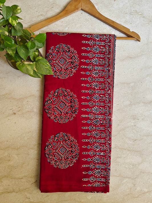 Red Ajrakh Handblock Printed Mull Cotton Saree