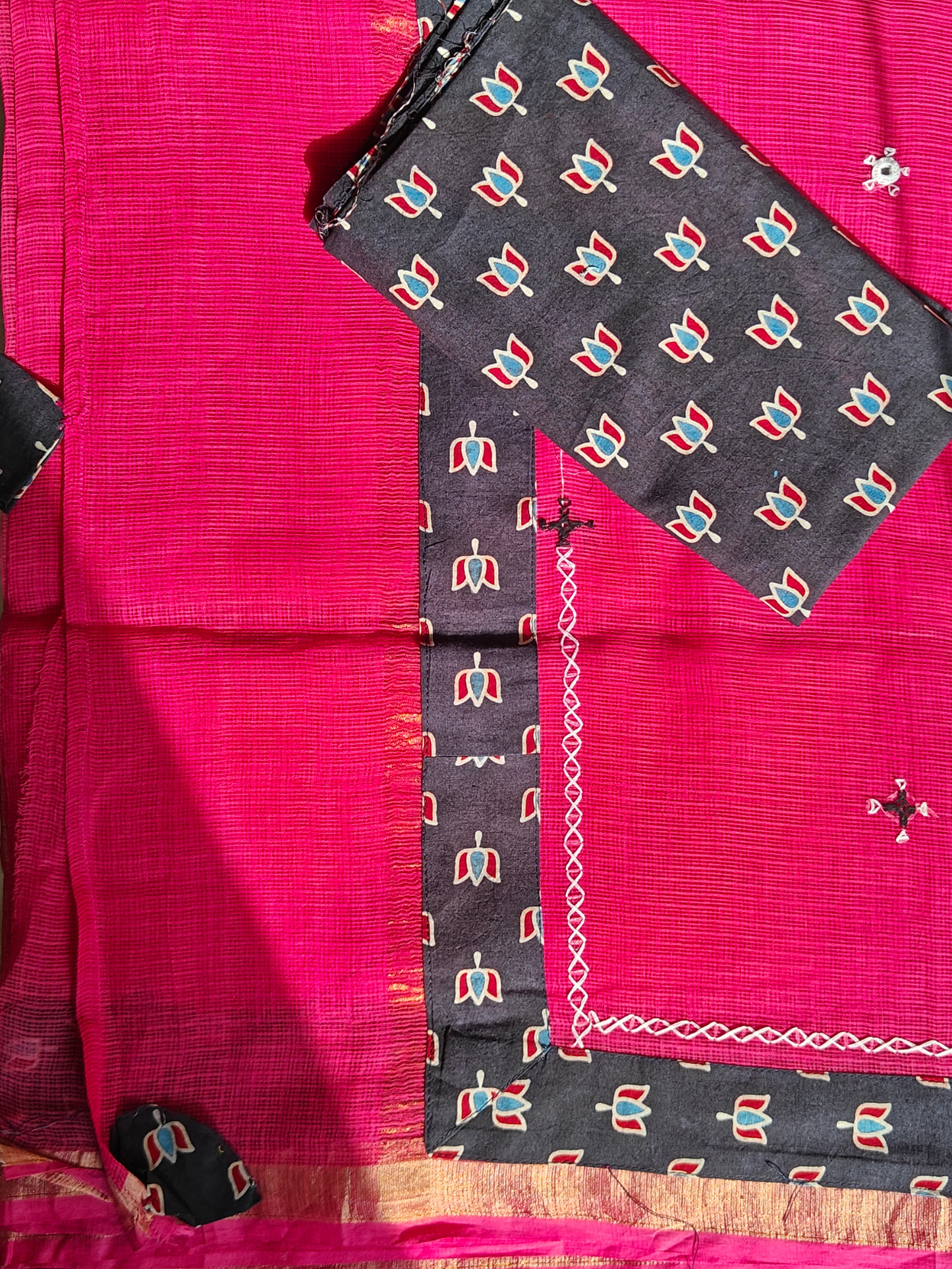 Rani Pink Kota Patchwork Hand Embroidered Saree