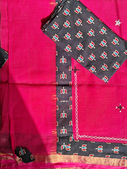 Rani Pink Kota Patchwork Hand Embroidered Saree
