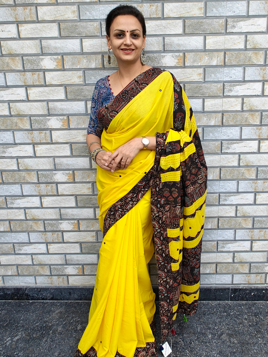 Yellow Ajrakh Handcrafted Saree