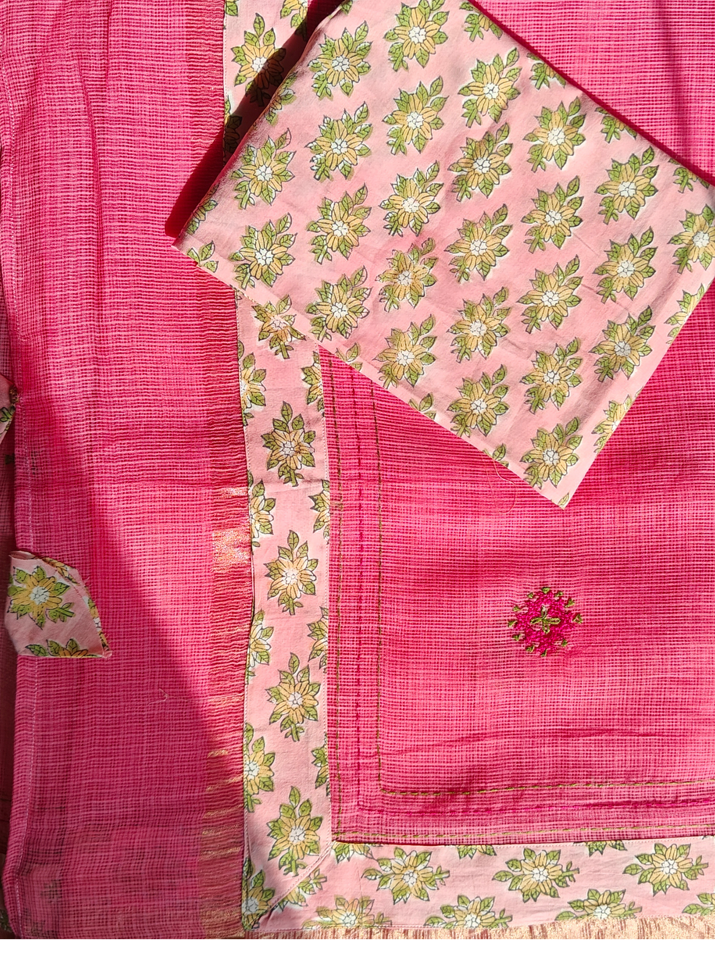 Pink Kota Patchwork Hand Embroidered Saree
