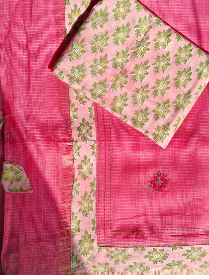 Pink Kota Patchwork Hand Embroidered Saree