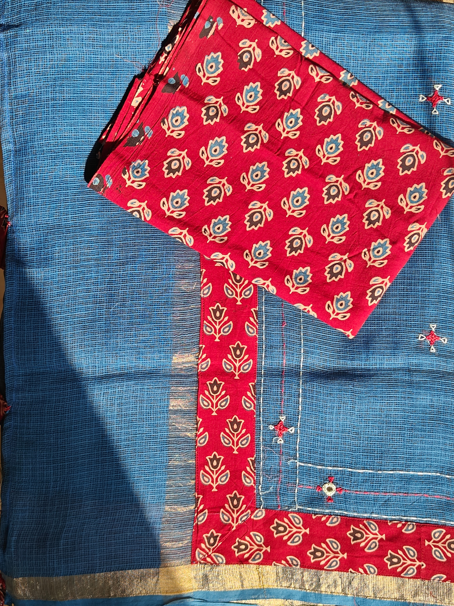 Navy Blue Kota Patchwork Hand Embroidered Saree