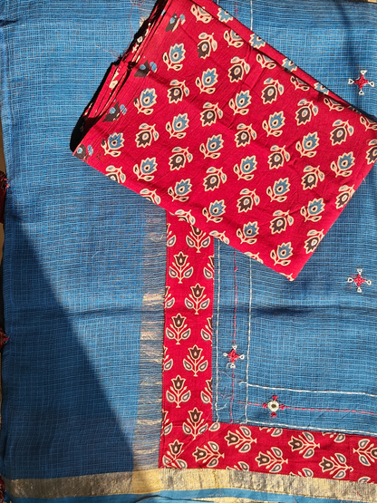 Navy Blue Kota Patchwork Hand Embroidered Saree