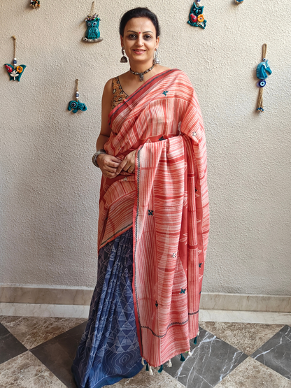 Peach-Blue Half & Half Shibori Handcrafted Saree