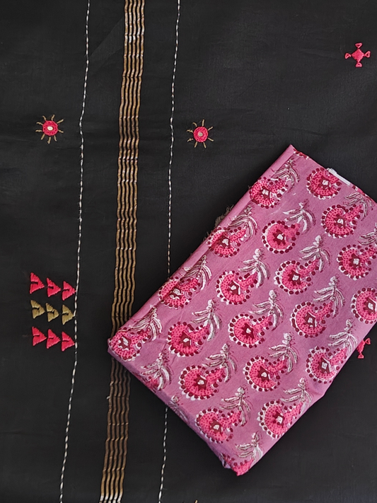 Black Silk-Cotton Chanderi Hand-Embroidered Saree