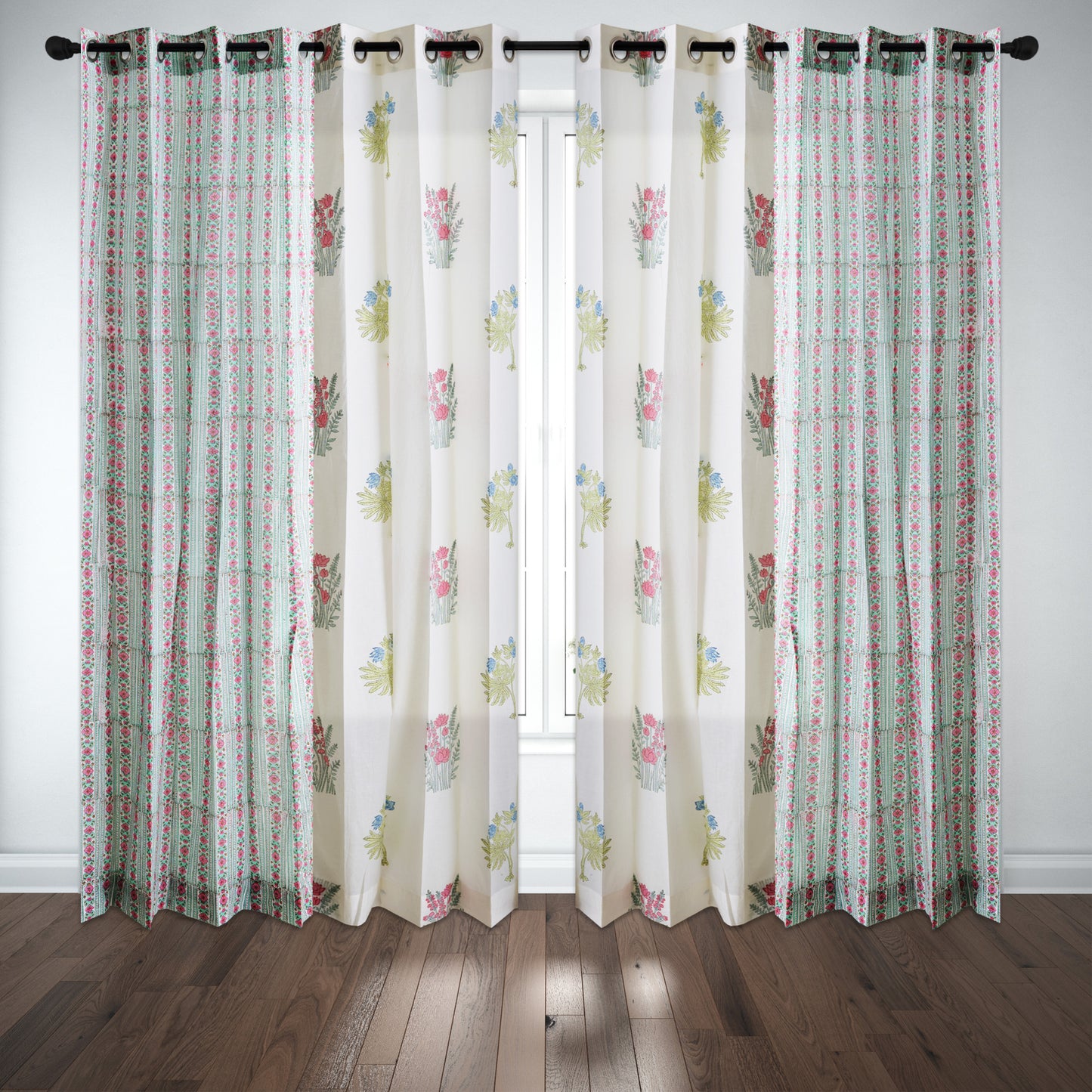 Seagreen and Pink Pattern Jaal with Morning Meadow Boota Cotton Handblock Combo (Set of 4 Curtains)