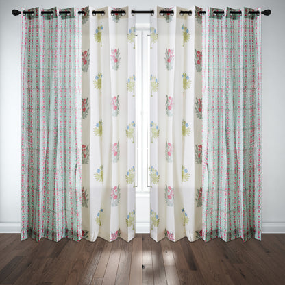 Seagreen and Pink Pattern Jaal with Morning Meadow Boota Cotton Handblock Combo (Set of 4 Curtains)