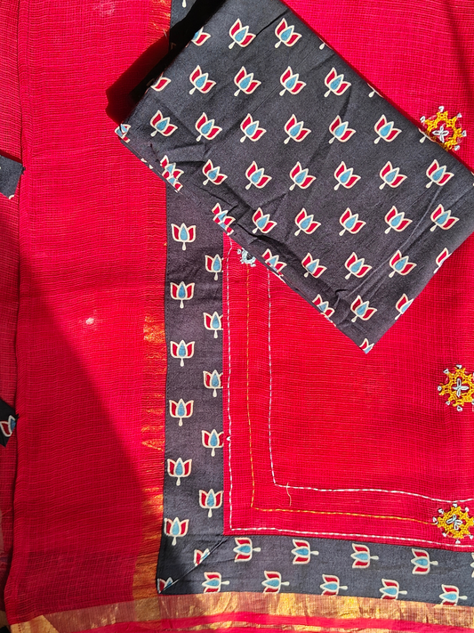 Red Kota Patchwork Hand Embroidered Saree