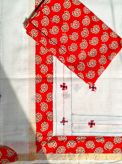 White Kota Patchwork Hand Embroidered Saree
