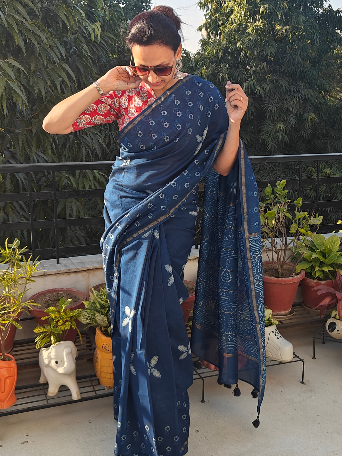 Indigo Dabu Handblock Print Chanderi Saree