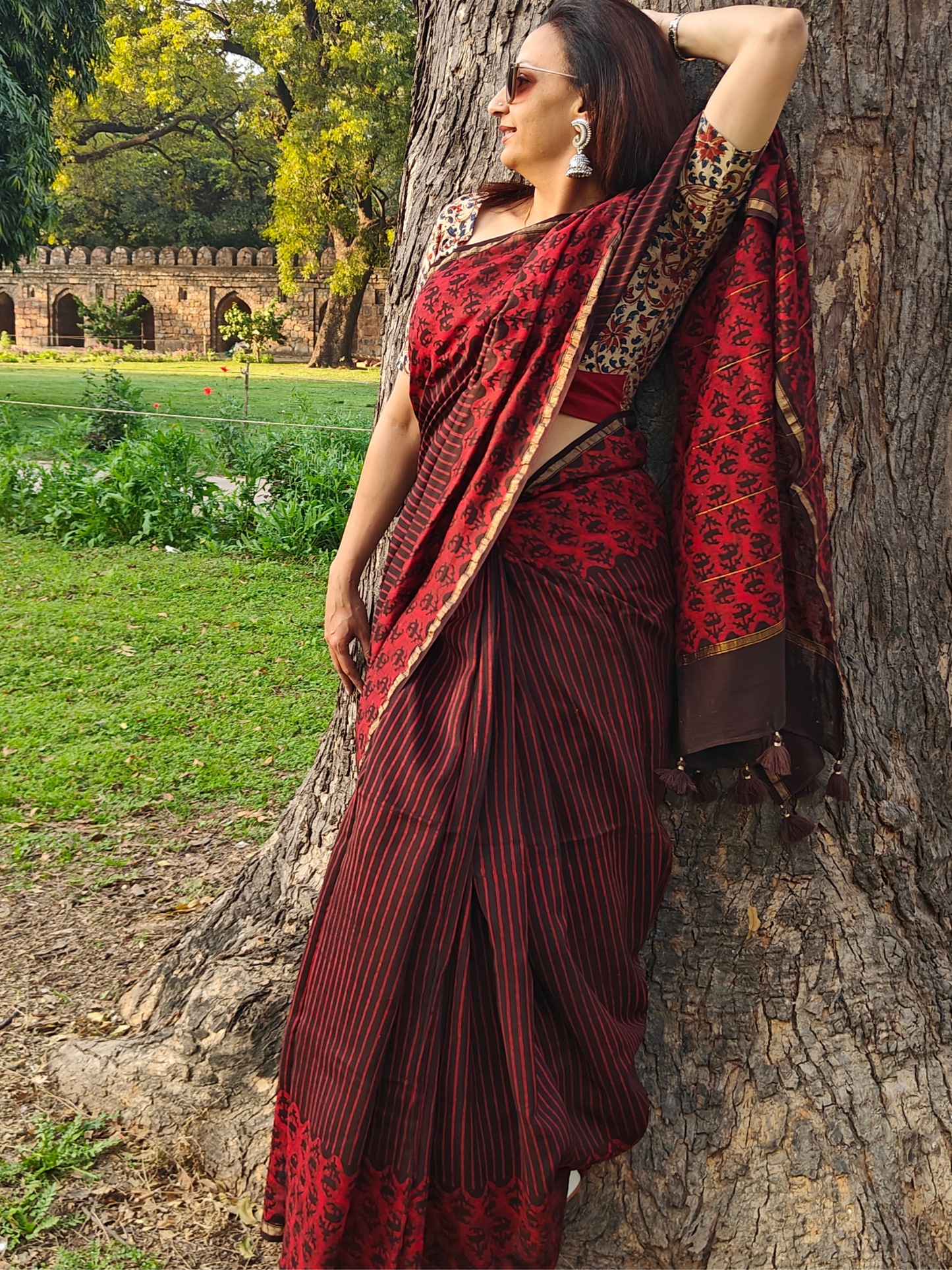 Coffee-Maroon Dabu Handblock Print Chanderi Saree
