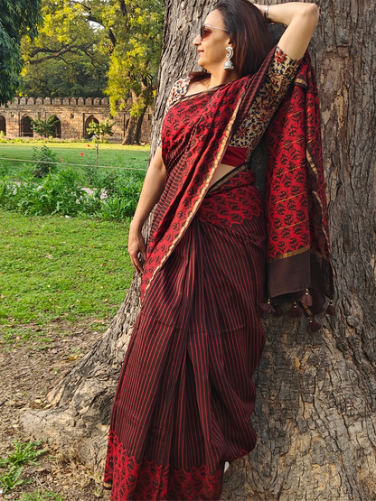 Coffee-Maroon Dabu Handblock Print Chanderi Saree
