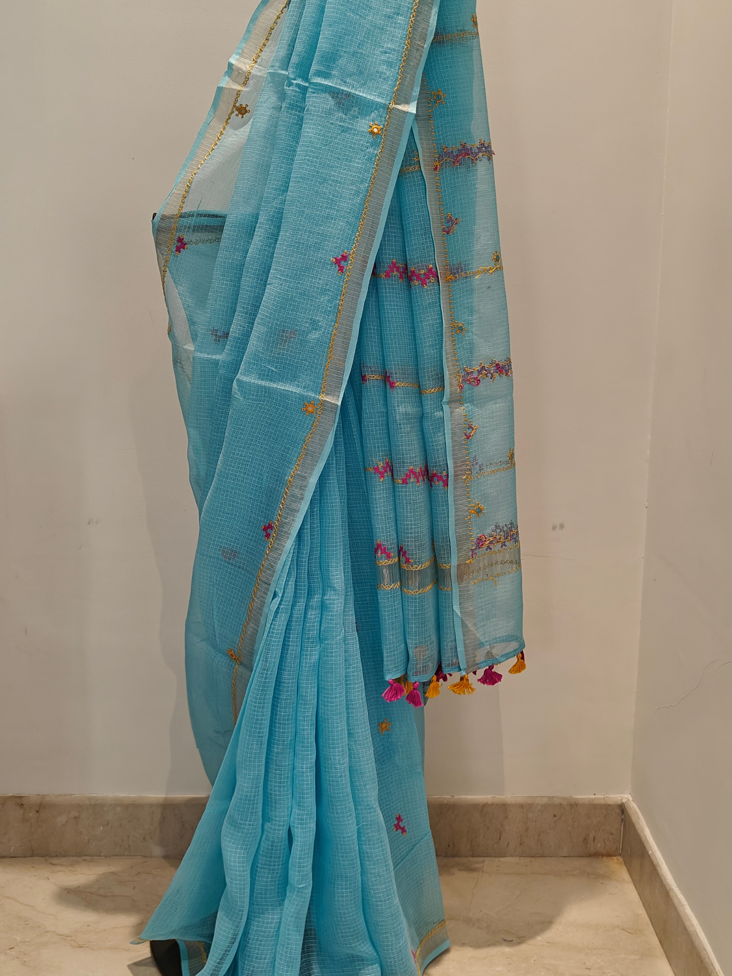 Aqua Blue Kota Hand Embroidered Saree