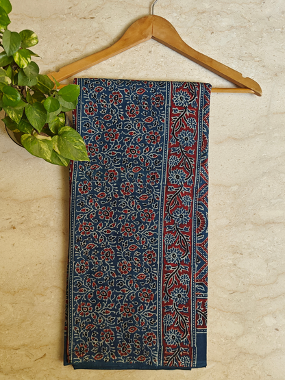 Indigo Ajrakh Handblock Printed Mull Cotton Saree