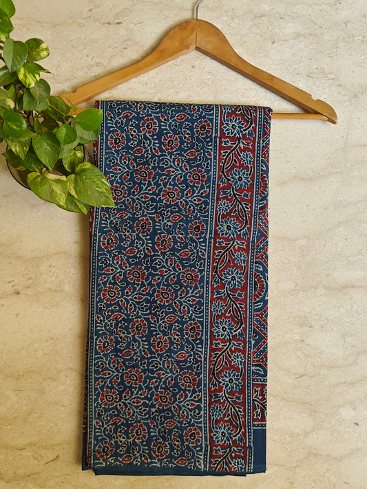 Indigo Ajrakh Handblock Printed Mull Cotton Saree