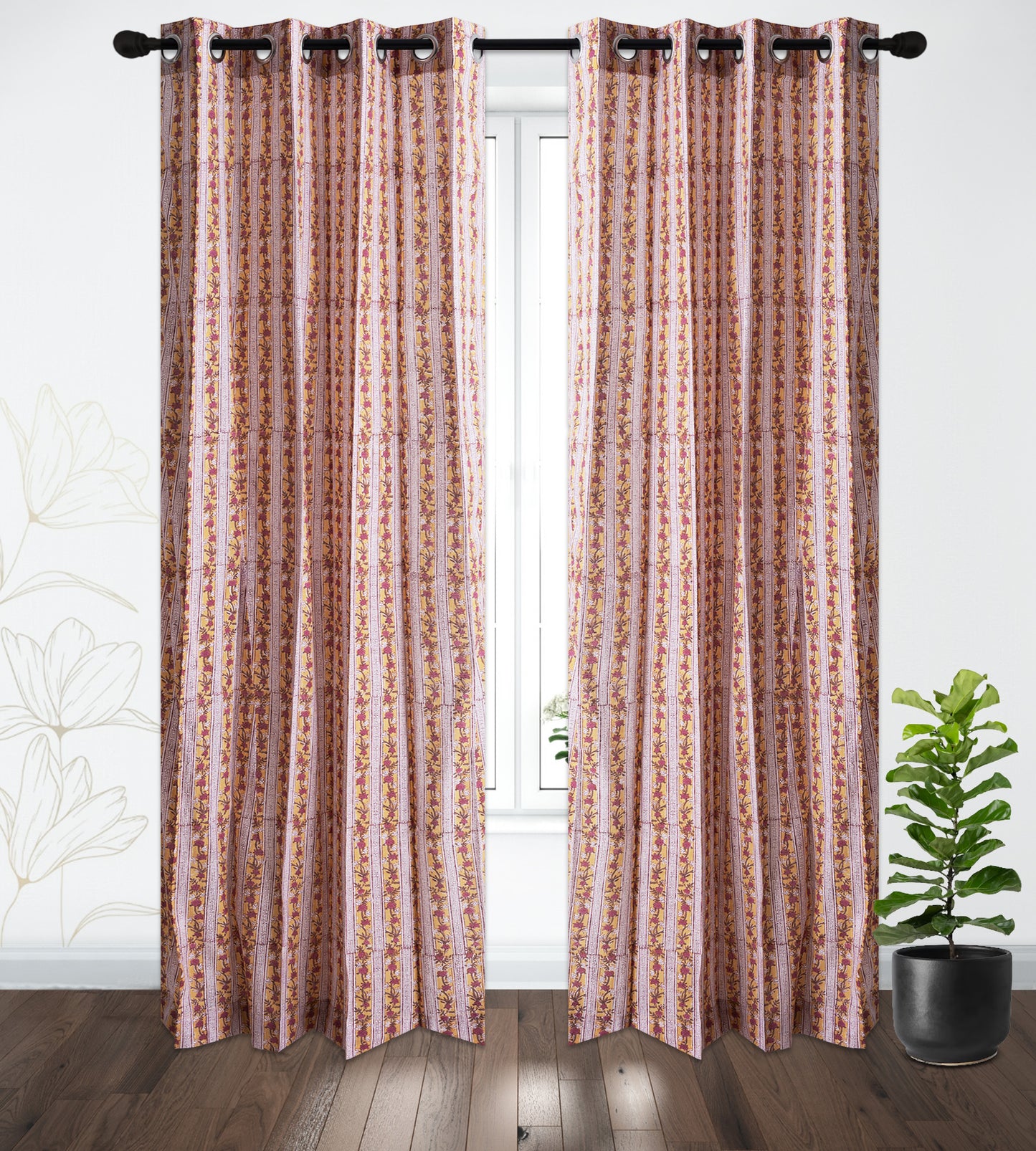 Pink Pattern Jaal Cotton Handblock Curtain (Pair of 2 Curtains)