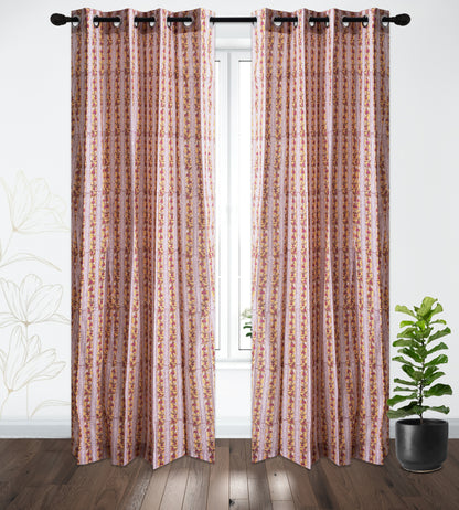 Pink Pattern Jaal Cotton Handblock Curtain (Pair of 2 Curtains)