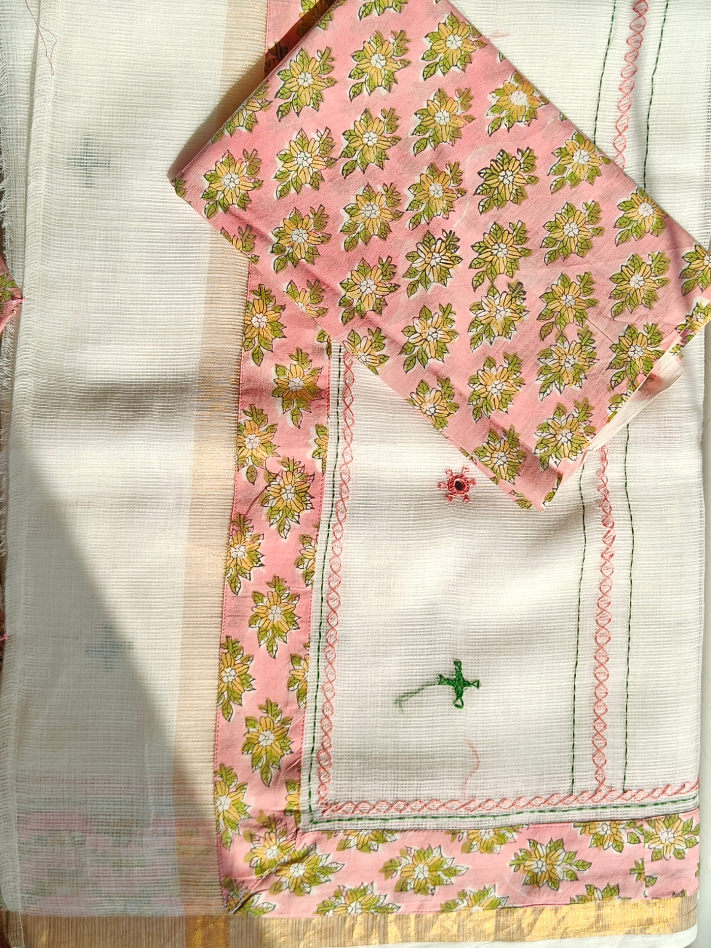 White Kota Patchwork Hand Embroidered Saree