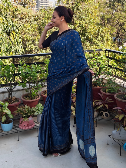 Indigo Half & Half Modal Silk Ajrakh Block Print Saree