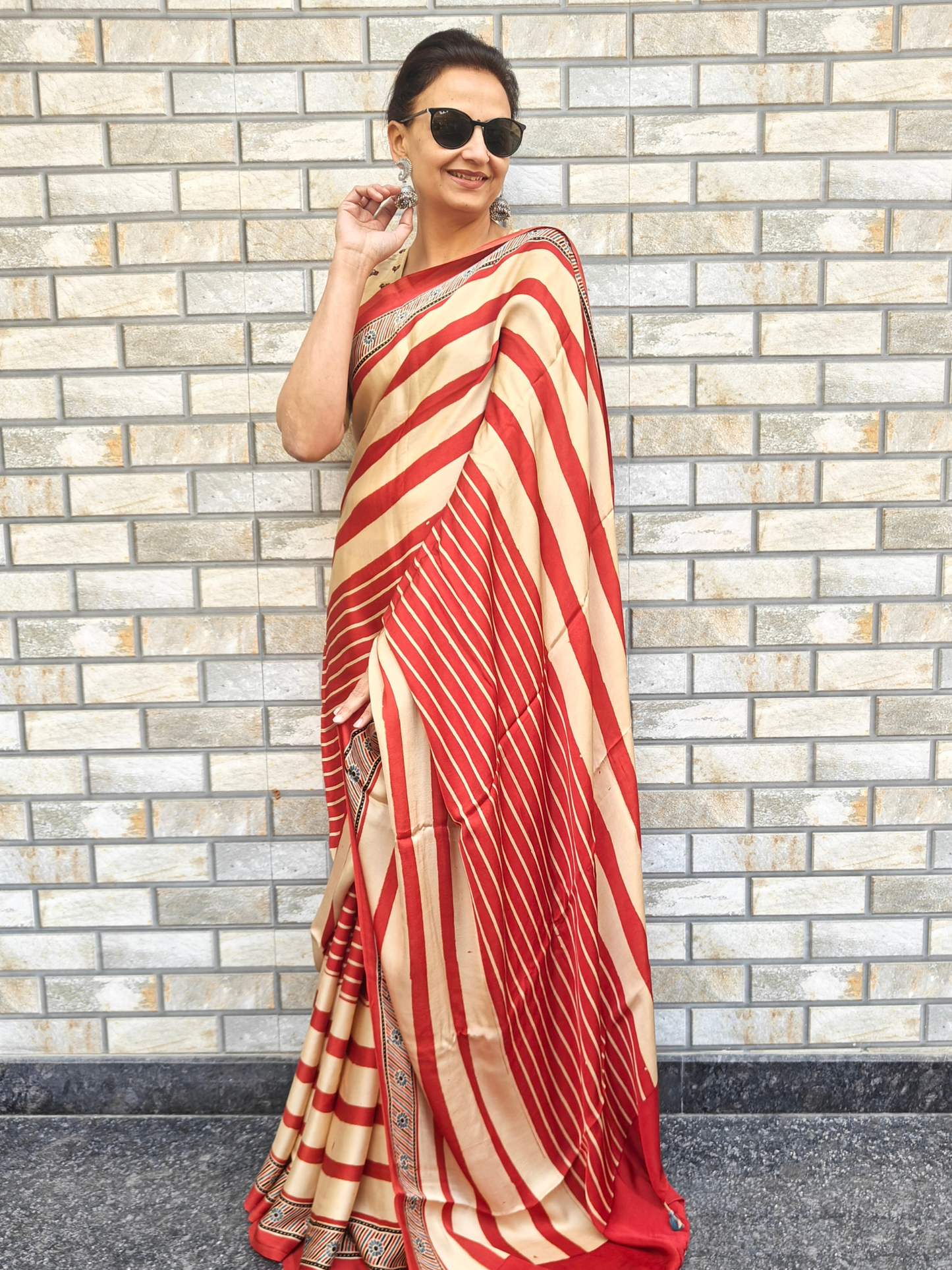Red Striped Modal Silk Ajrakh Block Print Saree