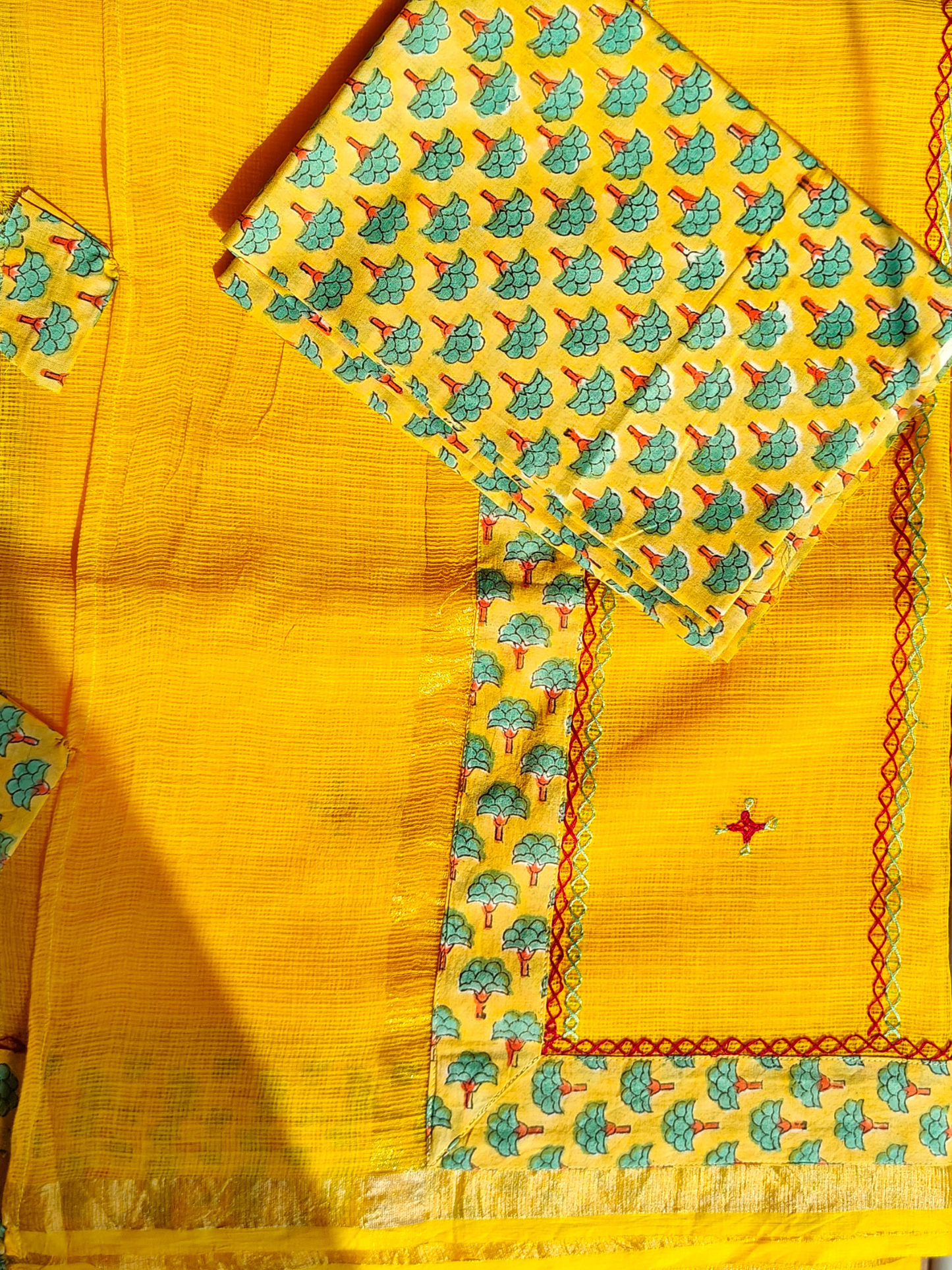 Yellow Kota Patchwork Hand Embroidered Saree