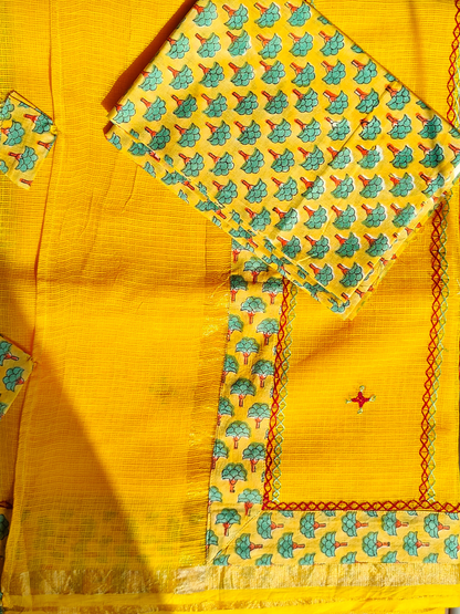 Yellow Kota Patchwork Hand Embroidered Saree
