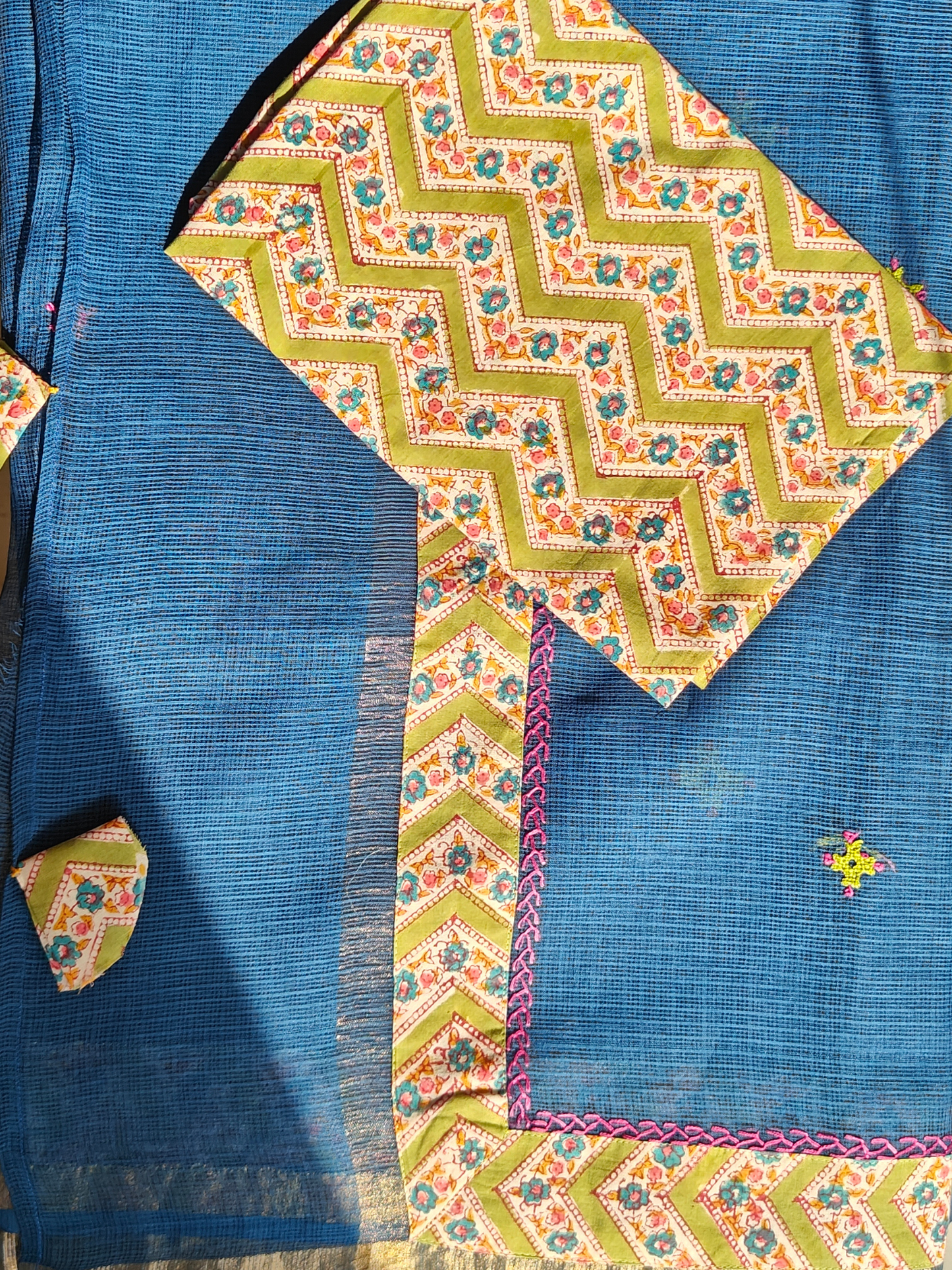 Navy Blue Kota Patchwork Hand Embroidered Saree