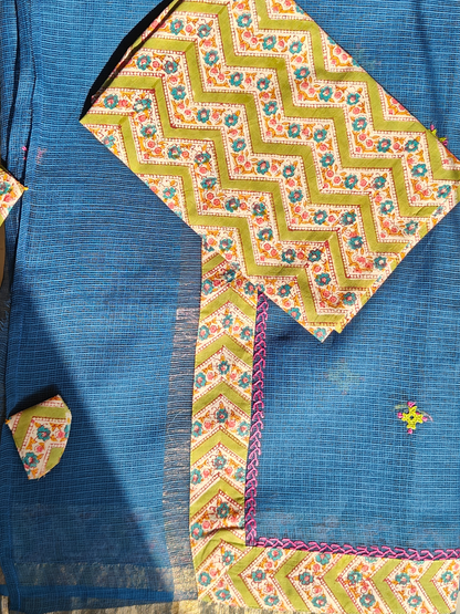Navy Blue Kota Patchwork Hand Embroidered Saree