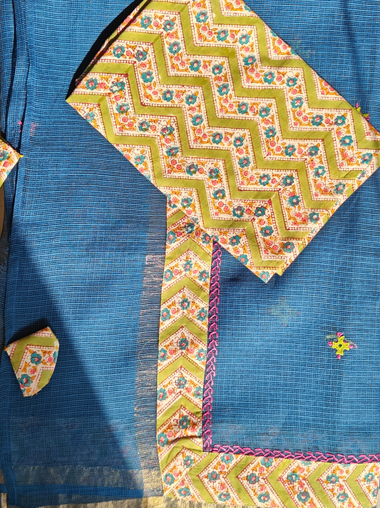 Navy Blue Kota Patchwork Hand Embroidered Saree