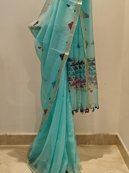 Aqua Blue Kota Hand Embroidered Saree