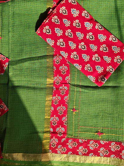 Green Kota Patchwork Hand Embroidered Saree