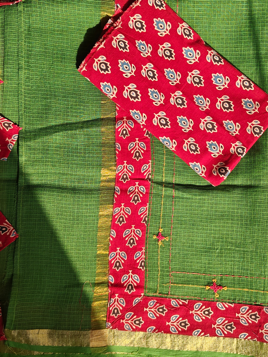 Green Kota Patchwork Hand Embroidered Saree