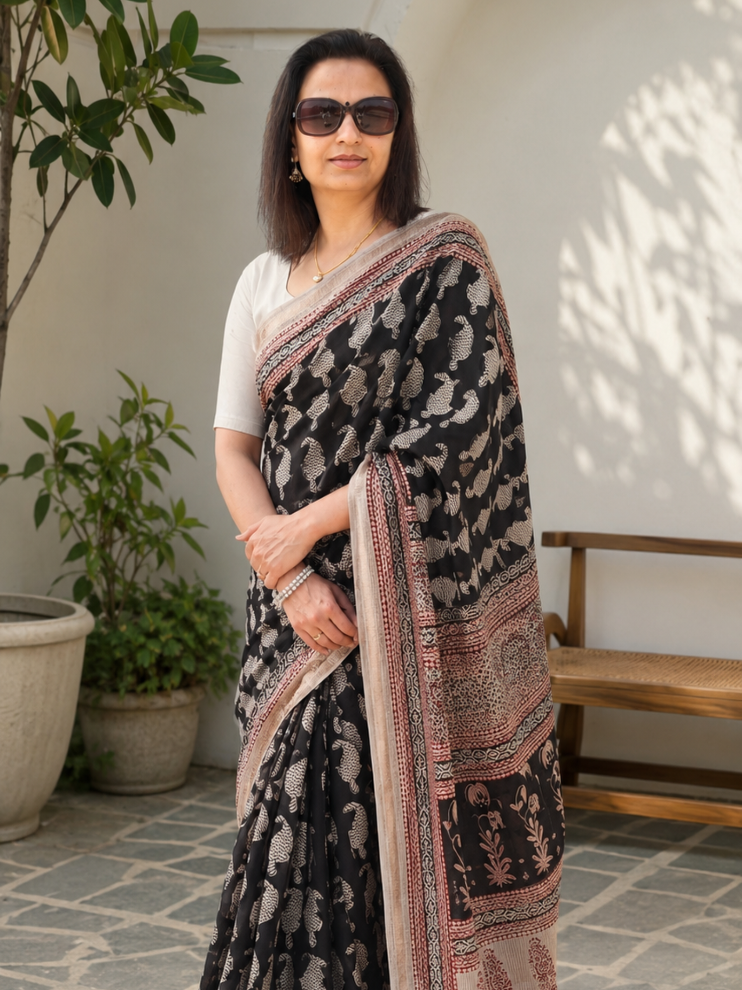 Black Bagh Print Maheshwari Saree
