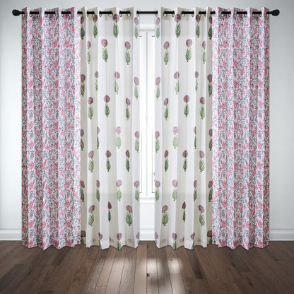 Pink Skyblue Jaal with Anarkali Boota Cotton Handblock Combo (Set of 4 Curtains)