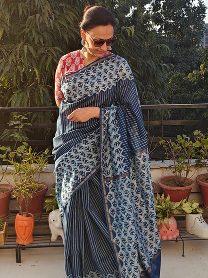 Indigo Dabu Handblock Print Chanderi Saree