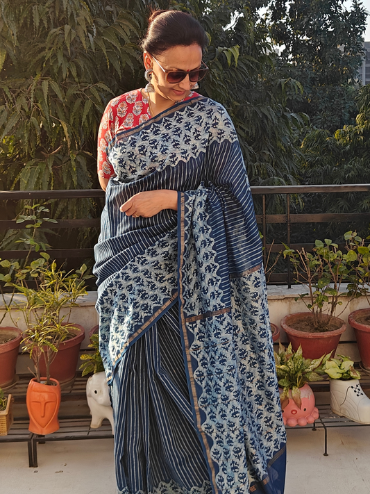 Indigo Dabu Handblock Print Chanderi Saree