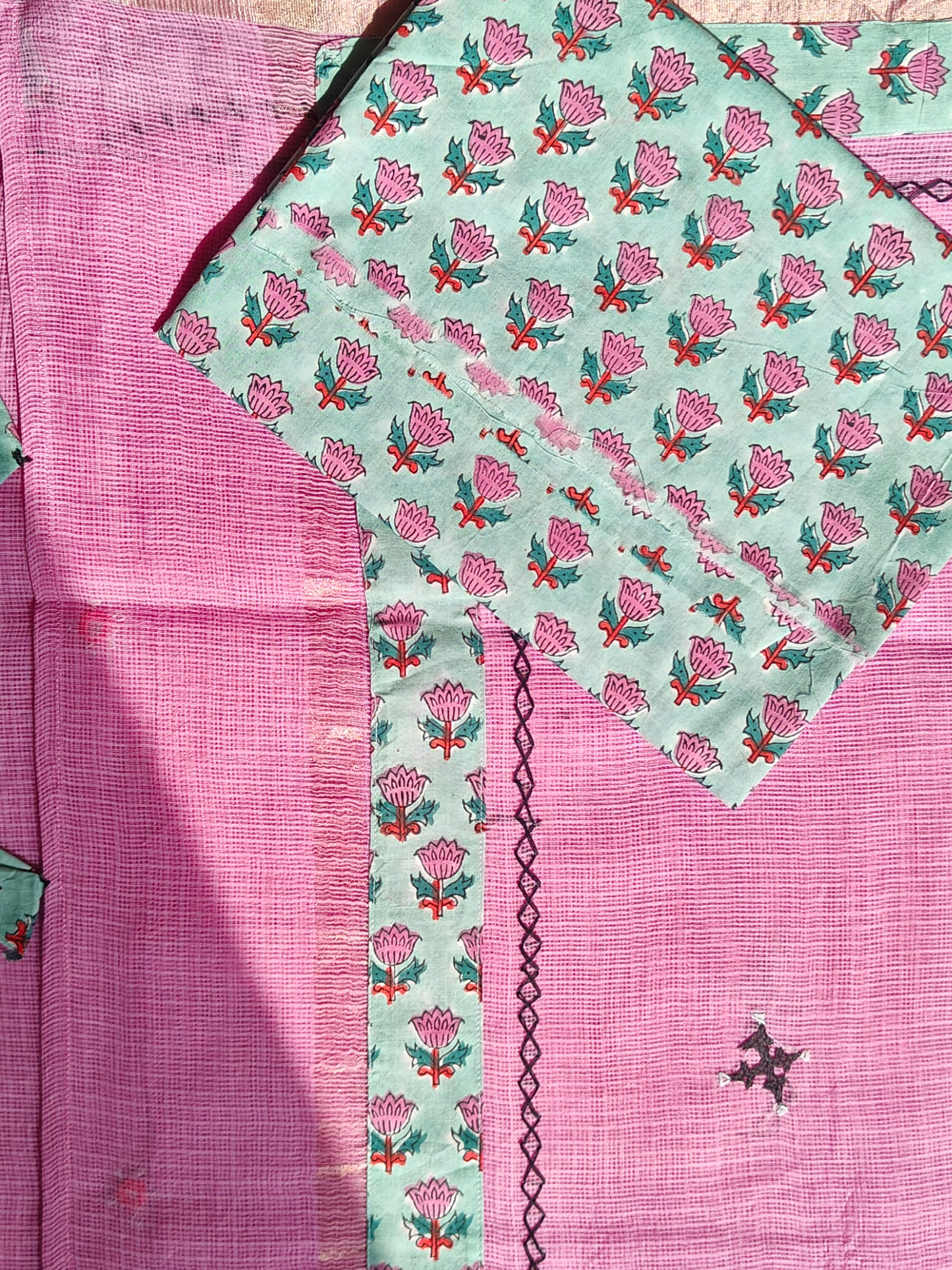 Pink Kota Patchwork Hand Embroidered Saree