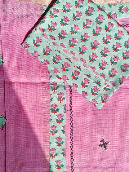 Pink Kota Patchwork Hand Embroidered Saree