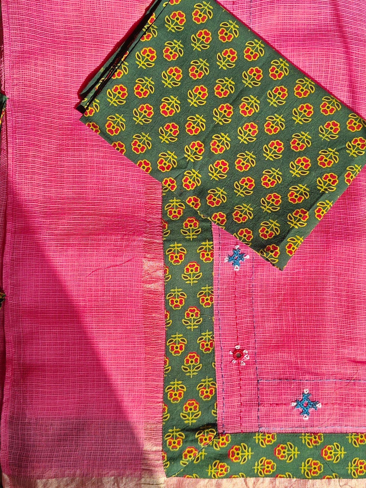 Pink Kota Patchwork Hand Embroidered Saree