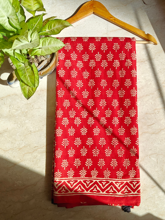Red Handblock Printed Mull Cotton Saree